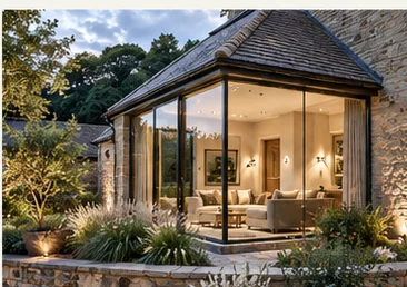 Custom frameless glazed corner on a contemporary architectural extension overlooking the garden