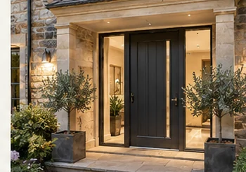 Contemporary charcoal entrance door with glazed sidelights in a limestone entrance