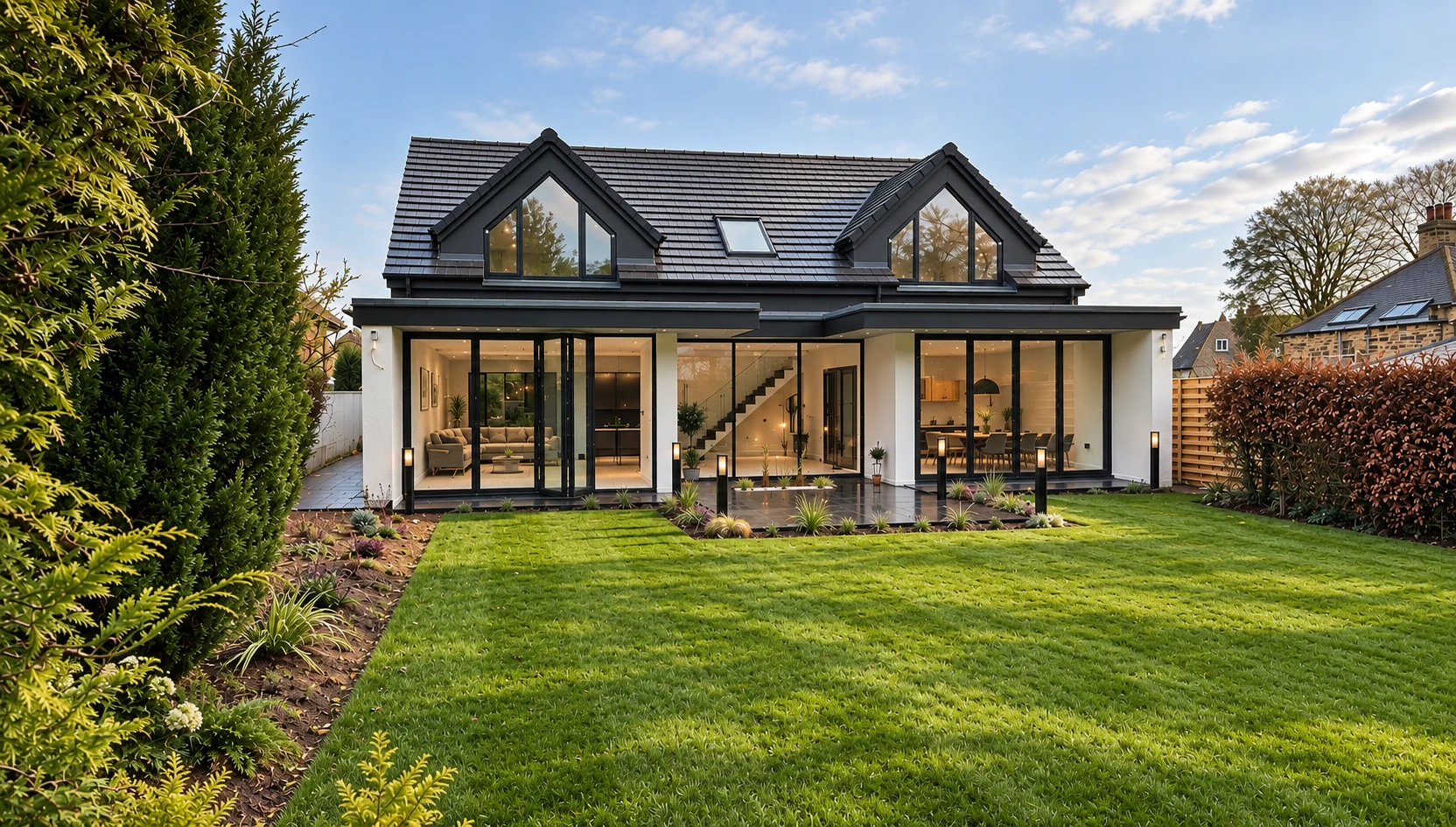 Contemporary garden-facing home with expansive black-framed architectural glazing